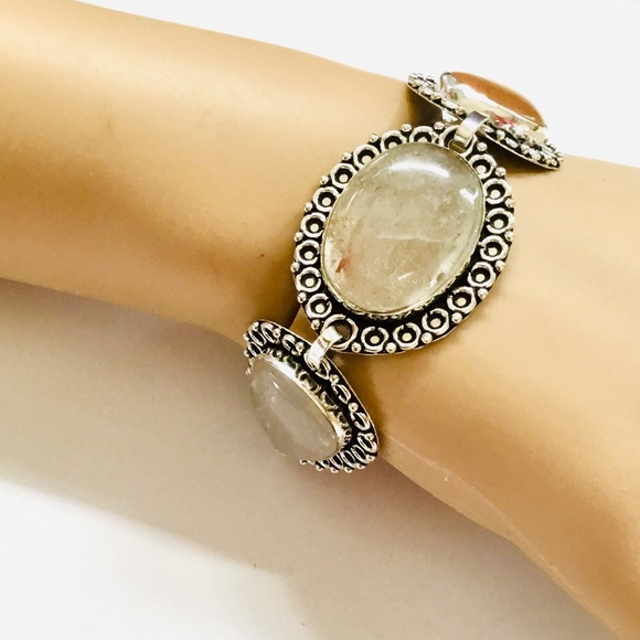 Five BIG Gemstones Bracelet Moss Agate Sandstone Quartz Tiger’s Eye 8” Boho - Picture 4 of 11